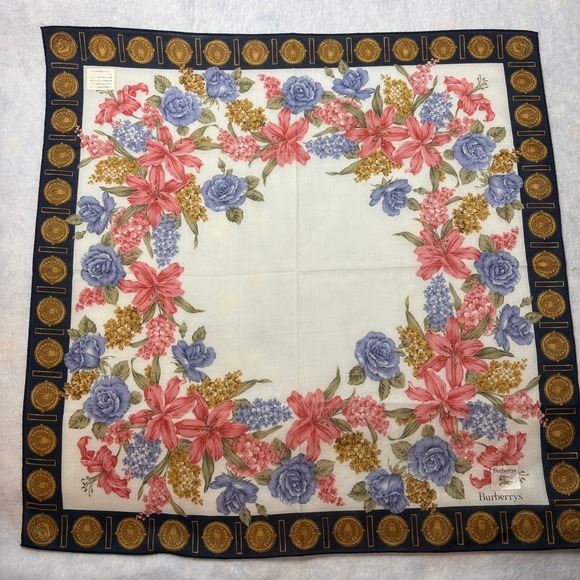 Burberrys Accessories - VTG BURBERRYS Scarf Handkerchief Floral Medallion Cotton Navy Pink 19.5"